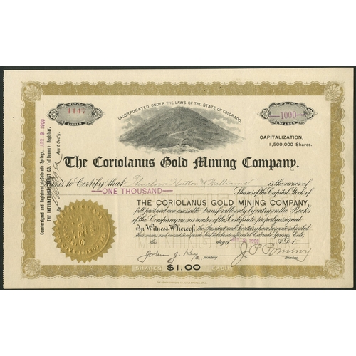 604 - U.S.A.: Coriolanus Gold Mining Company, $1 shares, 1[900], #1147, mountain vignette, gold and black.... 