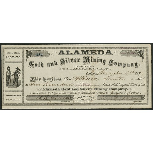 584 - U.S.A.: Alameda Gold and Silver Mining Company, $100 shares, 187[7], #282, miners at left, black. Mi... 