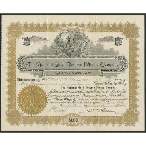 625 - U.S.A.: National Gold Reserve Mining Company, $1 shares, 189[6], #659, miners at top, gold and black... 