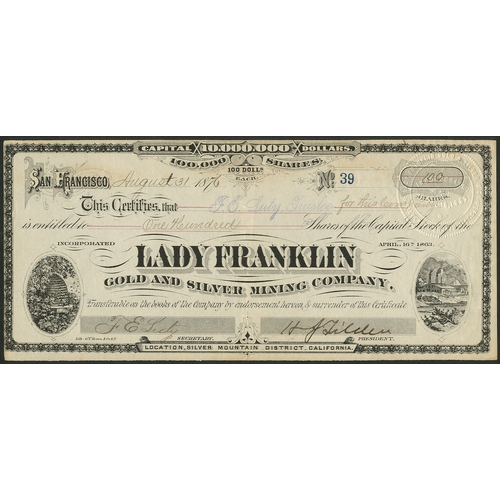 616 - U.S.A.: Lady Franklin Gold and Silver Mining Company, $100 shares, 187[6], #39, mine buildings and b... 