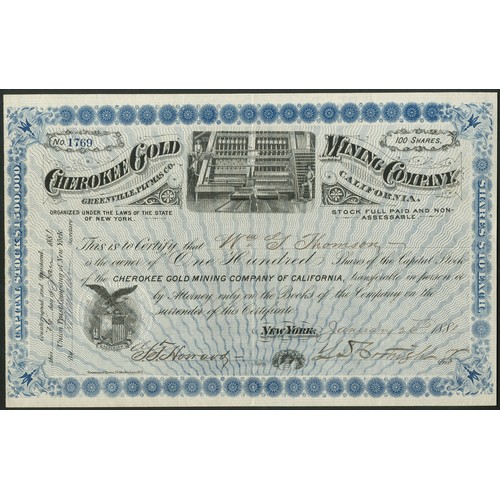 597 - U.S.A.: Cherokee Gold Mining Company, 100 shares of $10, 188[1], #1769, crushing mill in centre, blu... 