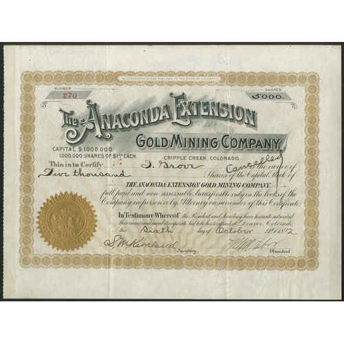 585 - ª U.S.A.: Anaconda Extension Gold Mining Company, $1 shares, 189[2], #270, signed by Horace Tab... 