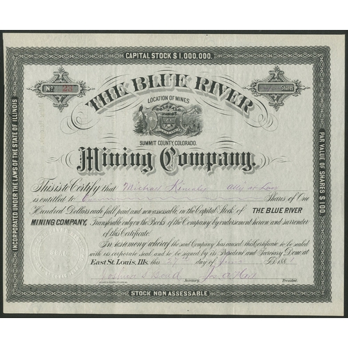 587 - U.S.A.: Blue River Mining Company, $100 shares, 188[1], #23, Colorado arms in centre, black. Incorpo... 