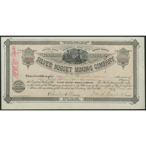 631 - U.S.A.: Silver Nugget Mining Company, $10 shares, 188[1], #2178, miners in centre, black, buff under... 