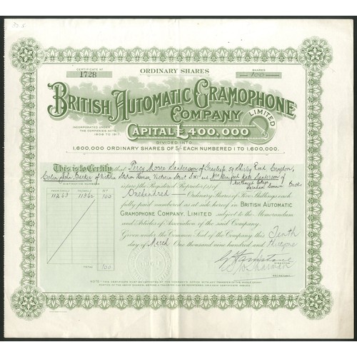 375 - Great Britain: British Automatic Gramophone Company Limited, 5 shilling shares, 19[31], #1728, large... 