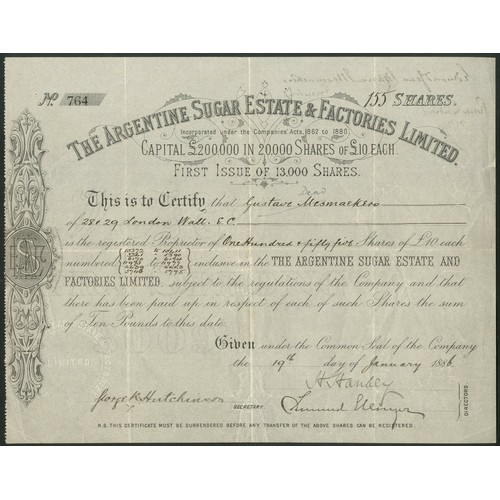 433 - Argentina: Argentine Sugar Estate & Factories Limited, £10 shares, First issue, 188[6], #7... 