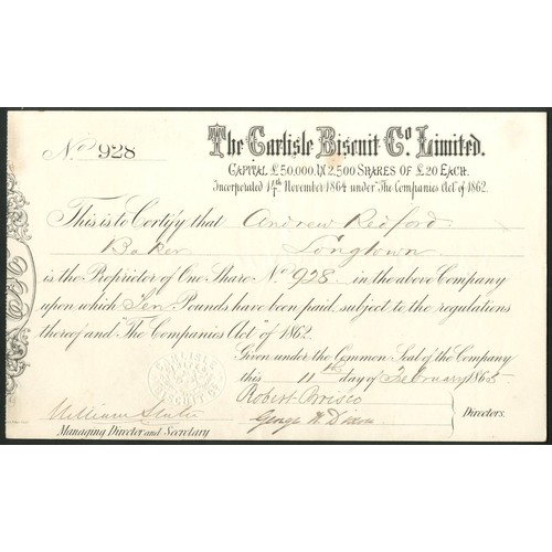 405 - Great Britain: Carlisle Biscuit Company Ltd., £20 share, 186[5], #928, black. Registered 1864 ... 