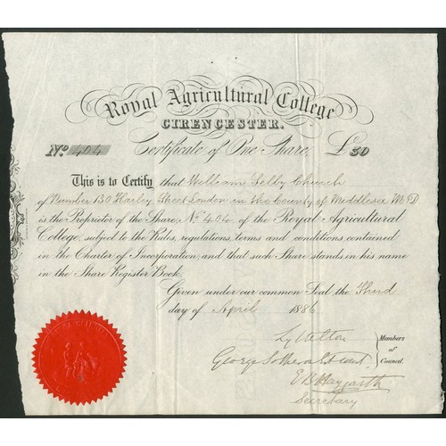 420 - Great Britain: Royal Agricultural College, Cirencester, £30 share, 18[86], #404, signed by Lor... 