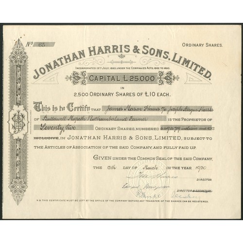 415 - Great Britain: Jonathan Harris & Sons Limited, £10 shares, [1930], #65, black, printed by ... 