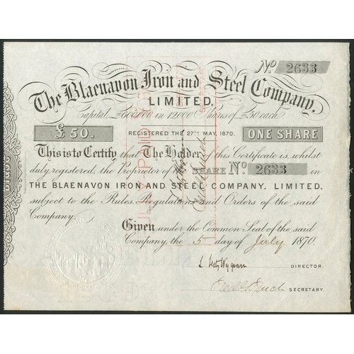 404 - Great Britain: Blaenavon Iron and Steel Company Limited, £50 share, 1870, #2633, black. Regist... 