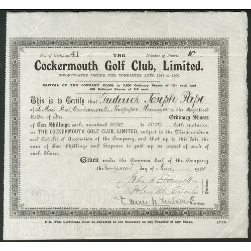 379 - Great Britain: Cockermouth Golf Club Limited, a pair of certificates for 10/- ordinary shares, 19[08... 