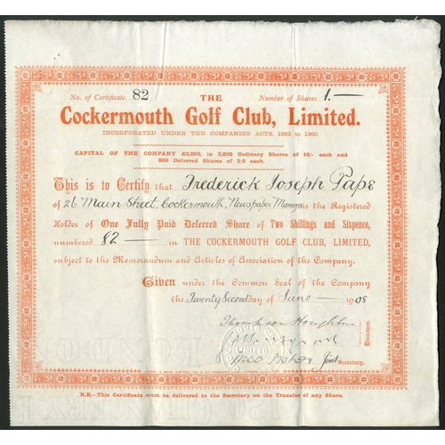 379 - Great Britain: Cockermouth Golf Club Limited, a pair of certificates for 10/- ordinary shares, 19[08... 