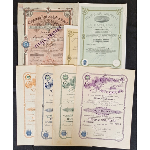 196 - ** Angola: Companhia Colonial de Navegação, a set of certificates for 1, 5, 10 and 100 shares, 1922,... 