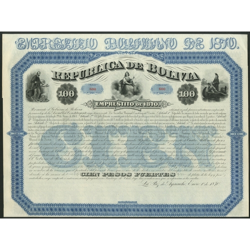 436 - ** Bolivia: 1870 8% Loan, a set of unissued bonds for 100 pesos, 500 pesos and 1000 pesos, large for... 