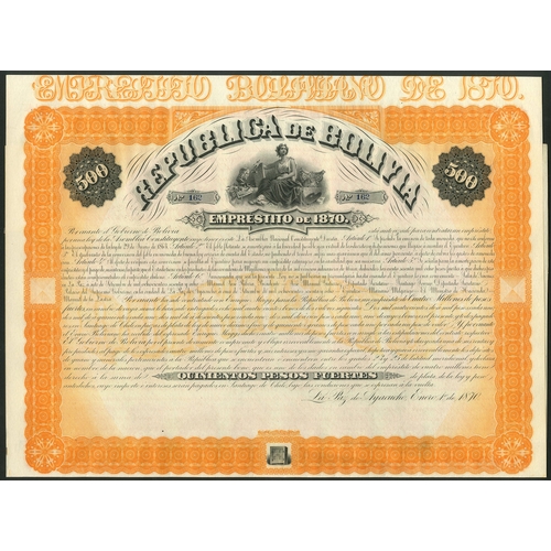 436 - ** Bolivia: 1870 8% Loan, a set of unissued bonds for 100 pesos, 500 pesos and 1000 pesos, large for... 