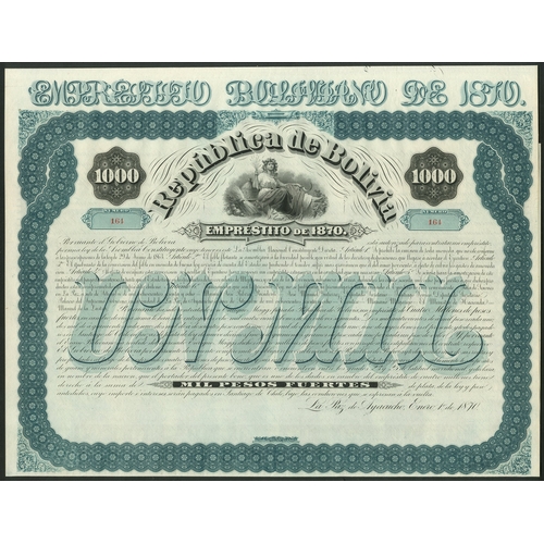 436 - ** Bolivia: 1870 8% Loan, a set of unissued bonds for 100 pesos, 500 pesos and 1000 pesos, large for... 