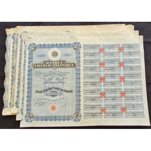 165 - French Indochina: Banque Franco-Asiatique, a group of 38 'B' shares, 1928, blue, with all coupons. F... 