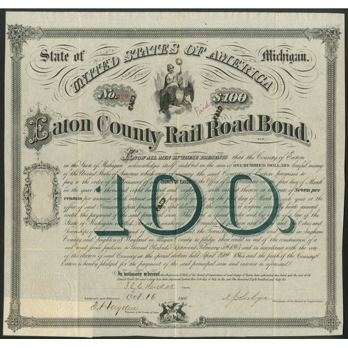 516 - U.S.A.: Eaton County, Michigan, 7% Railroad Bond, 1866, $100, for the building of a railroad from Ja... 