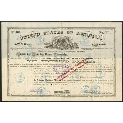 539 - U.S.A.: Pekin, Lincoln and Decatur Railroad Company, 8% Loan, 1871, issued by Macon County, Illinois... 