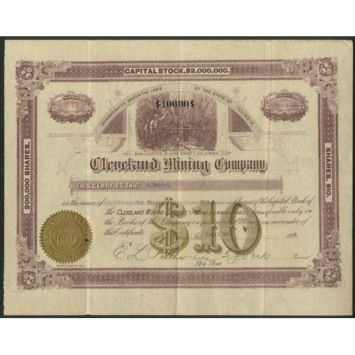 599 - U.S.A.: Cleveland Mining Company (IL), $10 shares, East St.Louis 188[8], #913, miners at work underg... 