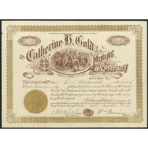 592 - U.S.A.: Catherine H. Gold Mining Company (CO), $1 shares, Colorado Springs 18[96], #83, miners at wo... 