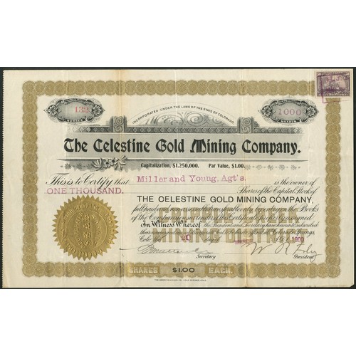 594 - U.S.A.: Celestine Gold Mining Company (CO), $1 shares, Colorado Springs 1[900], #132, ornate border,... 