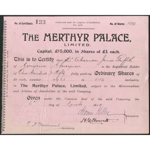 388 - Great Britain: Merthyr Palace Limited, £1 shares, 19[25], #133, black on pink paper. The Merthyr Pal... 