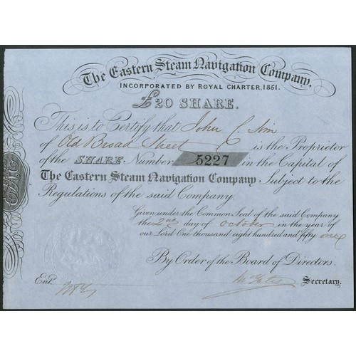 322 - Great Britain: Eastern Steam Navigation Company, £20 share, 185[1], #5227, black on blue paper, vign... 