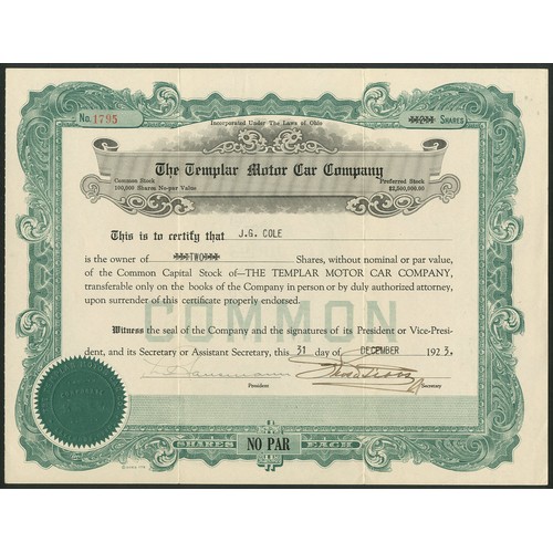 581 - U.S.A.: Templar Motor Car Company, Ohio, a pair of certificates for common stock, 192[3], #1795, gre... 