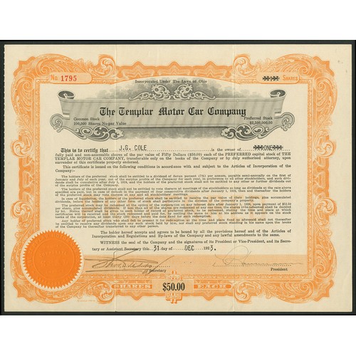 581 - U.S.A.: Templar Motor Car Company, Ohio, a pair of certificates for common stock, 192[3], #1795, gre... 