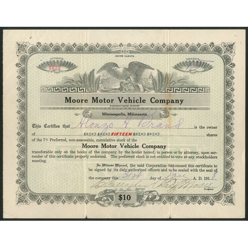 576 - U.S.A.: Moore Motor Vehicle Company, South Dakota, $10 shares, 191[8], #4639, eagle at top, black, g... 