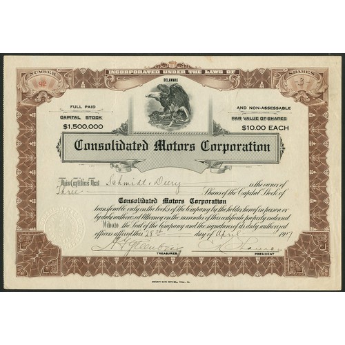 573 - U.S.A.: Consolidated Motors Corporation, Delaware, $10 shares, 19[17], #82, eagle at top, brown and ... 