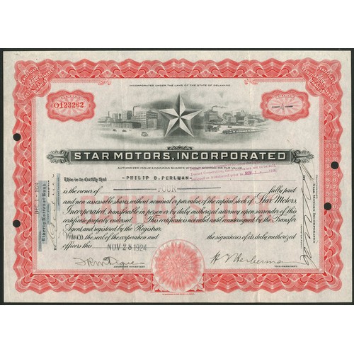 579 - U.S.A.: Star Motors, Inc. (DE), certificate for less than 100 shares, [1924], #O123262, vignette of ... 