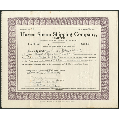 326 - Great Britain: Haven Steam Shipping Company Limited, £1 shares, 192[0], #72, mauve border. Car... 