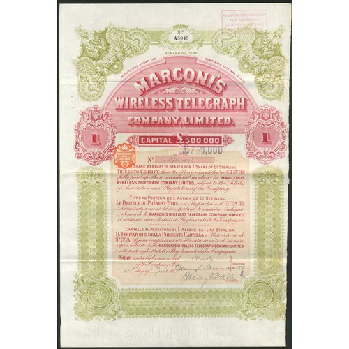 416 - Great Britain: Marconi's Wireless Telegraph Company Limited, 1 share, 19[08], #A5045, capital overpr... 