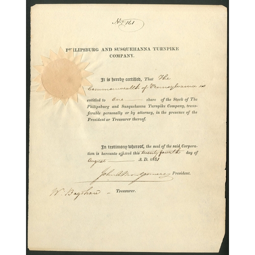 668 - U.S.A.: Philipsburg and Susquehanna Turnpike Co., one share, 182[1], #161, black printing, embossed ... 