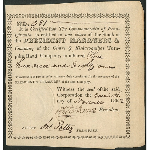 657 - U.S.A: Centre & Kishacoquillas Turnpike Road Co., one share, 182[2], #381, small with decorative... 