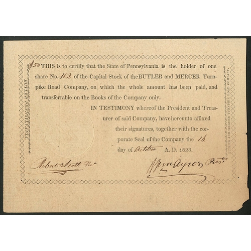 656 - U.S.A: Butler and Mercer Turnpike Road Co., one share, 1823, #102, small with black printing. Small ... 