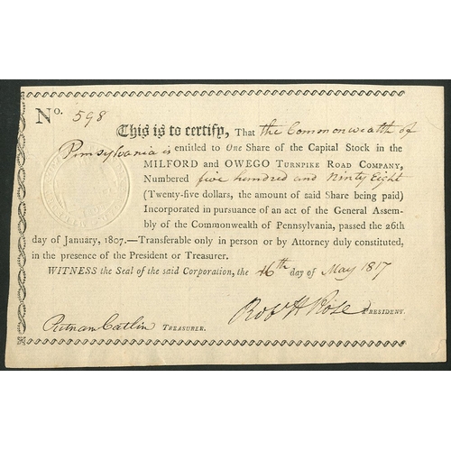 665 - U.S.A.: Milford and Owego Turnpike Road Co., one share, [1817], #598, small format, black printing, ... 