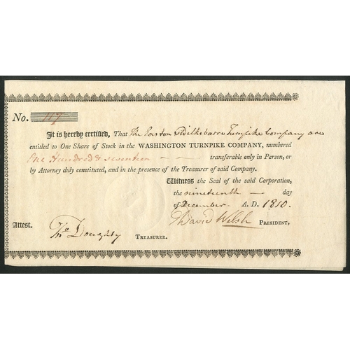 672 - U.S.A.: Washington Turnpike Co., one share, [1810], #117, small with black printing, faint embossed ... 