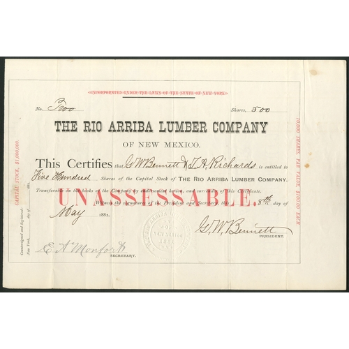 669 - U.S.A.: Rio Arriba Lumber Company of New Mexico, $100 shares, New York, 1882, #2, fairly plain red a... 