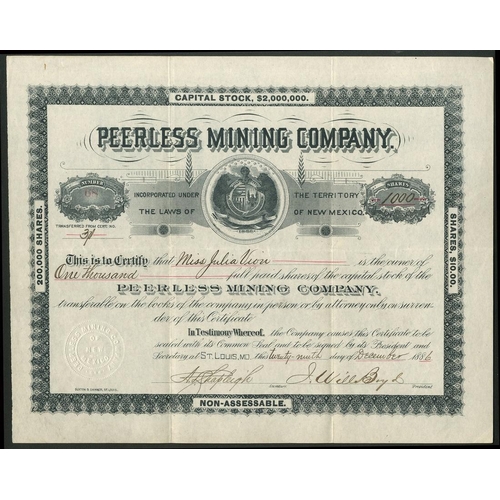 636 - U.S.A.: Peerless Mining Company, $10 shares, St.Louis, MO 188[6], #68, State seal in centre, black, ... 