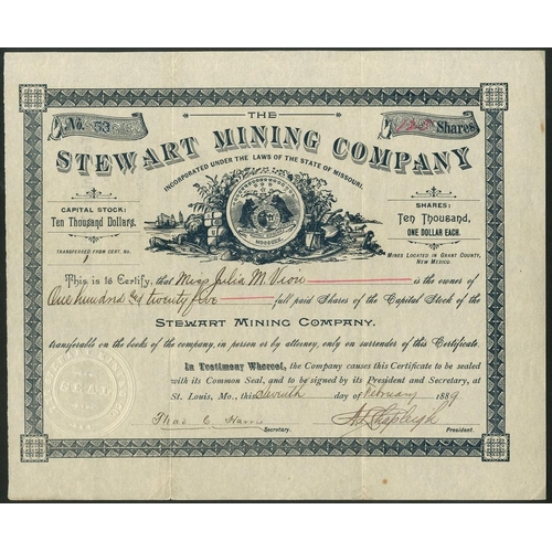 638 - U.S.A.: Stewart Mining Company, $1 shares, St Louis 188[9], #53, Missouri State seal at top, black. ... 