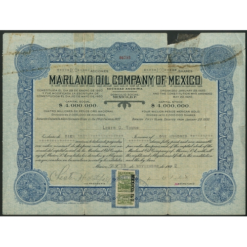 644 - ª U.S.A.: Marland Oil Co. (DE), less than 100 shares capital stock, 1921, #04663, male figure at top... 