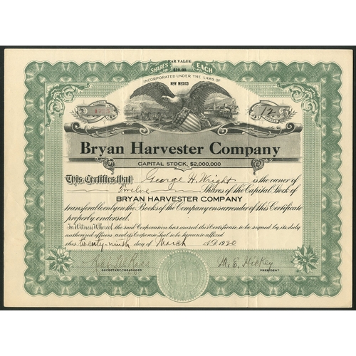 572 - U.S.A.: Bryan Harvester Company (NM), $10 shares, 19[20], #1795, eagle with shield at top, green and... 