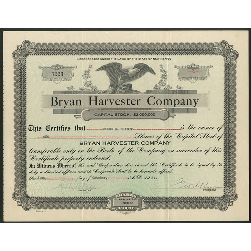 572 - U.S.A.: Bryan Harvester Company (NM), $10 shares, 19[20], #1795, eagle with shield at top, green and... 