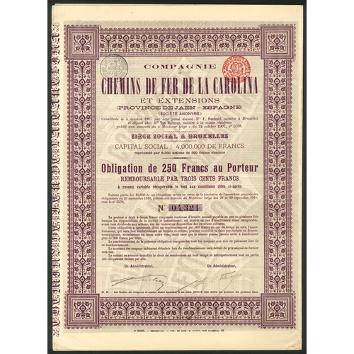 294 - Spain: Compagnie de Chemins de Fer de la Carolina et Extensions, 500 franc share, 1907, together wit... 