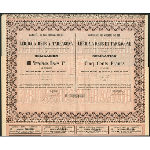 309 - Spain: Compaña de los Ferro-Carriles de Lerida a Reus y Tarragona, 1900 reales vellon share, 1862, 3... 