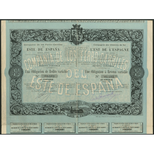 317 - Spain: Compañia de los Ferro-Carriles del Este de España, 500 peseta share, Valencia 1887, #1056, or... 