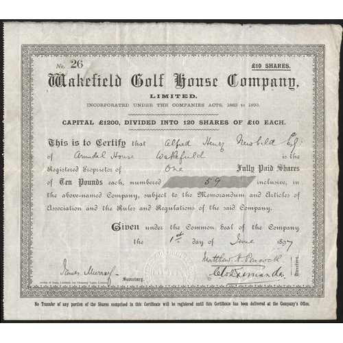 506 - Great Britain: Wakefield Golf House Company Limited, £10 shares, 189[7], #26, black. Registered 1897... 